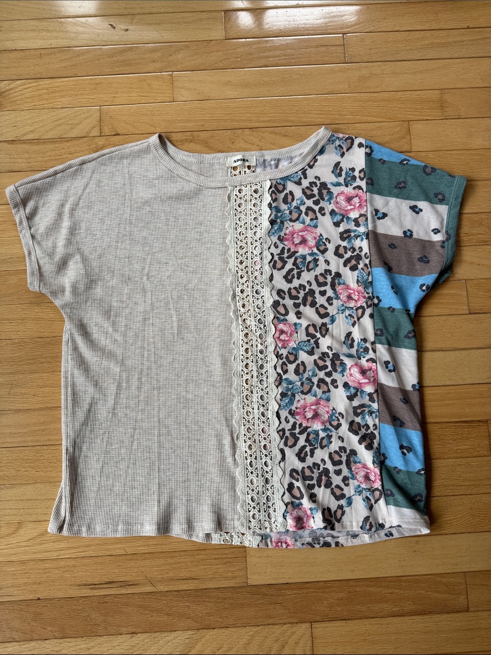 Adora oversized patchwork lace animal print floral knit short sleeve top